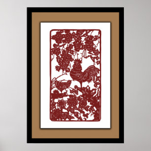 Chinesische Zodiac Rooster Papercut Szene Poster