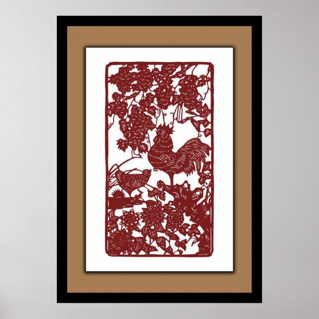 Chinesische Zodiac Rooster Papercut Szene Poster (Vorne)