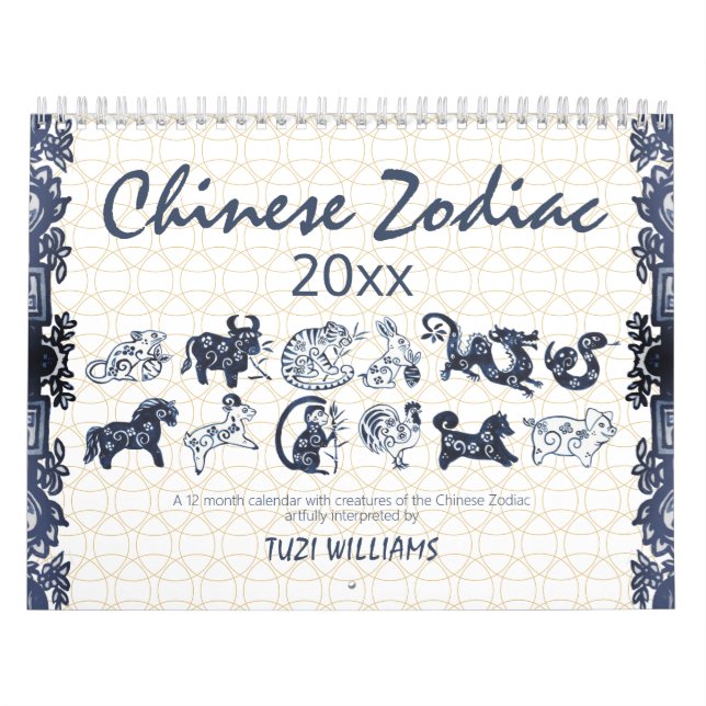 Chinesische Zodiac-Tiere Blue White Minimal Custom Kalender (Titelbild)