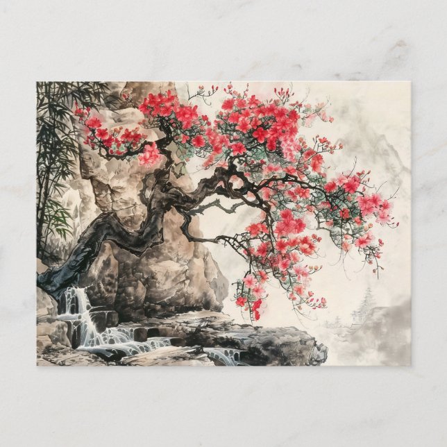 Chinesischer Aquarellbaum in Bergen Postkarte (Vorderseite)