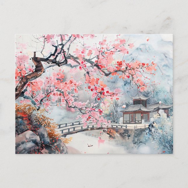 Chinesischer Aquarelltempel mit Kirschblüten Postkarte (Vorderseite)