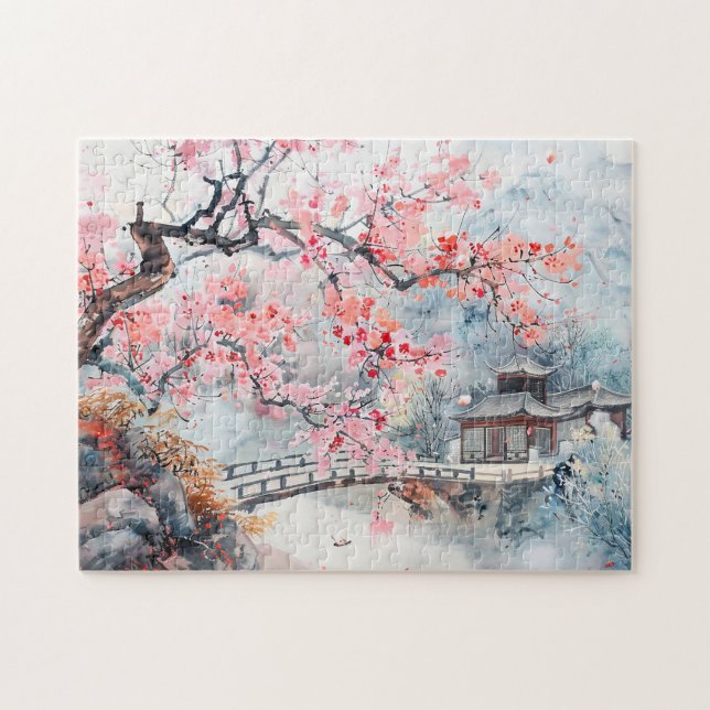 Chinesischer Aquarelltempel mit Kirschblüten Puzzle (Horizontal)