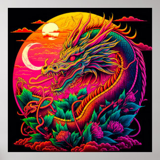 Chinesischer Drache farbenfroher Neondesign Poster