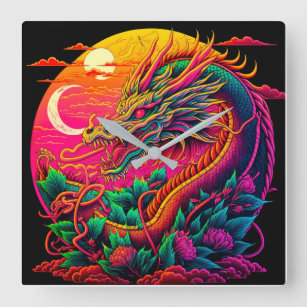 Chinesischer Drache farbenfroher Neondesign Quadratische Wanduhr