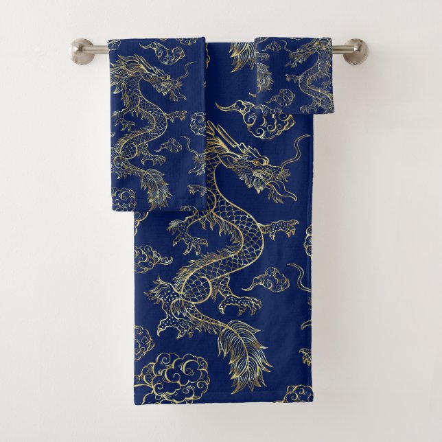 Chinesischer Drache Gold und Dunkelblau Badhandtuch Set (Insitu)