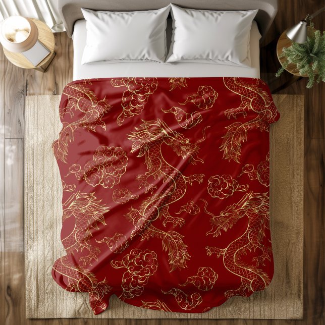 Chinesischer Drache Gold und Dunkelrot Fleecedecke (Von Creator hochgeladen)