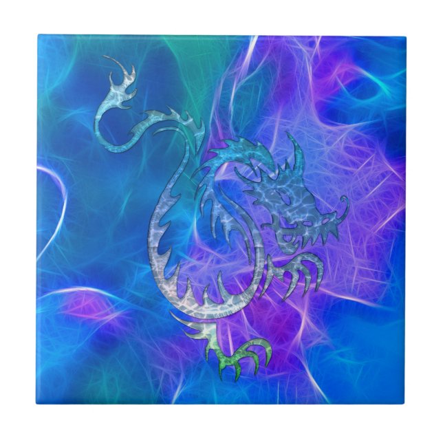 Chinesischer Drache in Blues IV Fliese (Vorderseite)