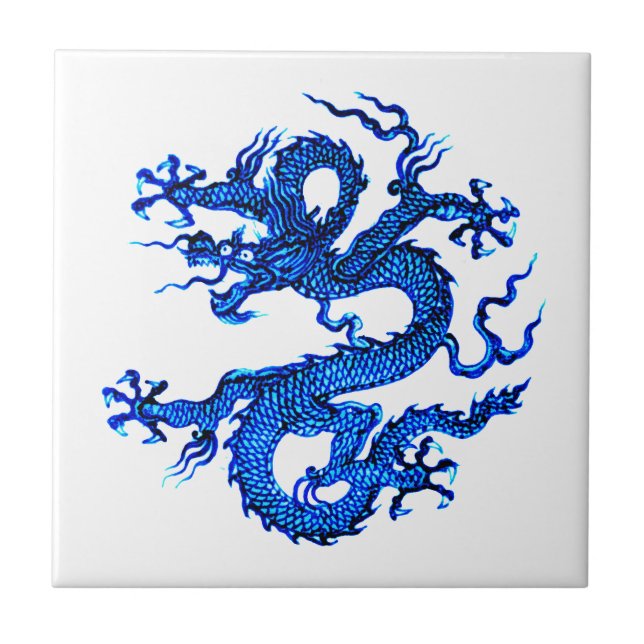 Chinesischer Drache, Indigo Blue Keramik Tile Fliese (Vorderseite)