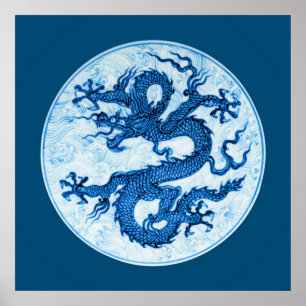 Chinesischer Drache, Indigoblau und Weiß Poster