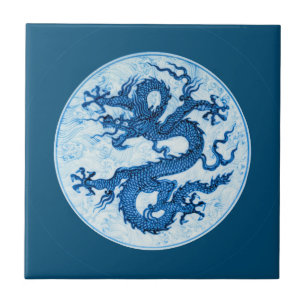 Chinesischer Drache, Indigoblau und Weiße Keramik  Fliese