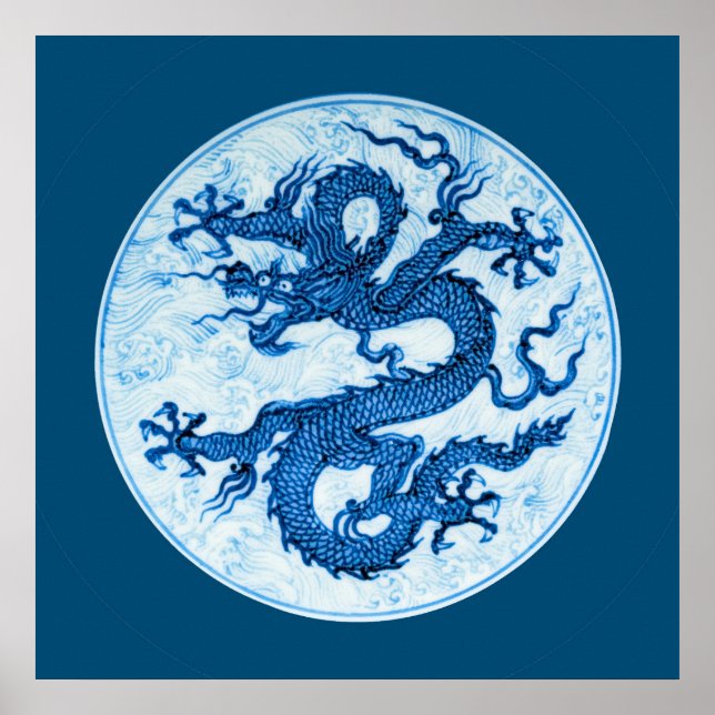 Chinesischer Drache, Indigoblau und Weißes Poster (Vorne)