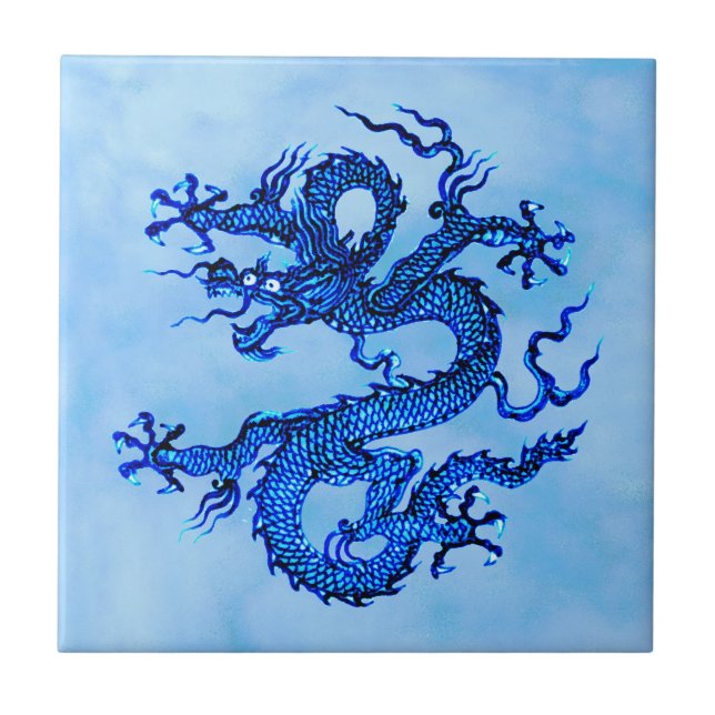 Chinesischer Drache, Indio und Pastellblau Keramik Fliese (Vorderseite)
