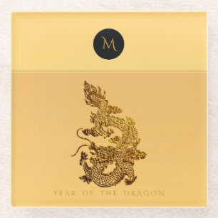 Chinesischer Drache Jahr 2024 Elegante Monogram Gl Glasuntersetzer