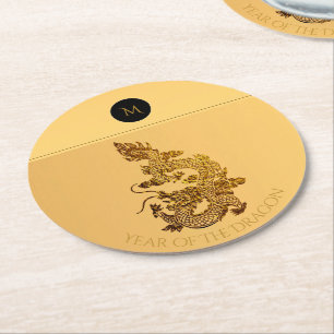 Chinesischer Drache Jahr 2024 Elegantes Monogramm  Runder Pappuntersetzer