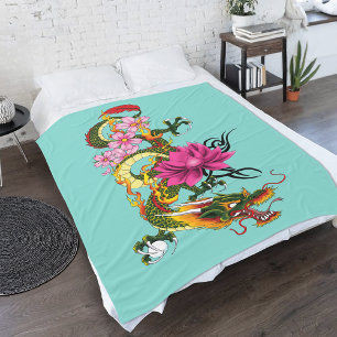 Chinesischer Drache Lotus Cherry Blüten Fleecedecke