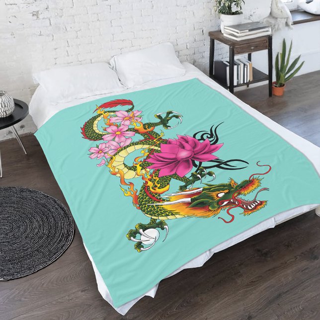 Chinesischer Drache Lotus Cherry Blüten Fleecedecke (Von Creator hochgeladen)