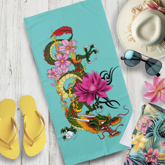 Chinesischer Drache Lotus Cherry Blüten Strandtuch (Von Creator hochgeladen)