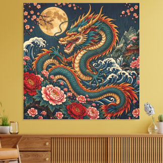 Chinesischer Drache mit Meereswellen und Pfingstro Leinwanddruck