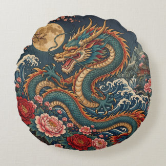 Chinesischer Drache mit Meereswellen und Pfingstro Rundes Kissen