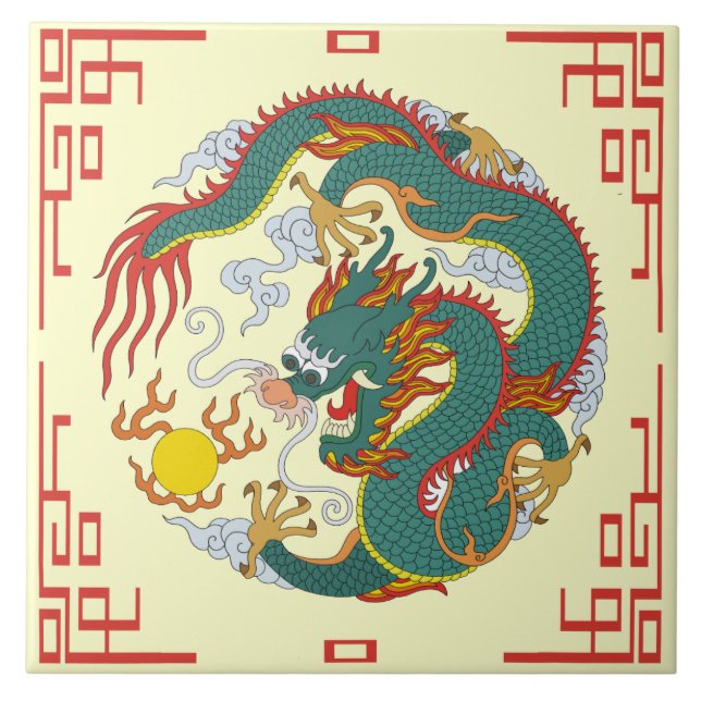 Chinesischer Drache mit Roter Grenze - Dekorations Fliese (Vorderseite)
