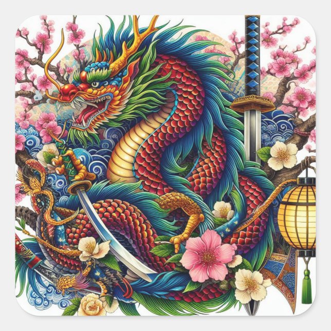 chinesischer Drache Quadratischer Aufkleber (Vorderseite)
