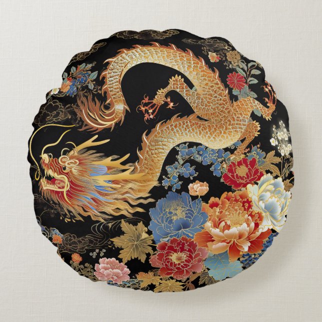 Chinesischer Drache und Peonies-Rundwurfkissen Rundes Kissen (Vorderseite)