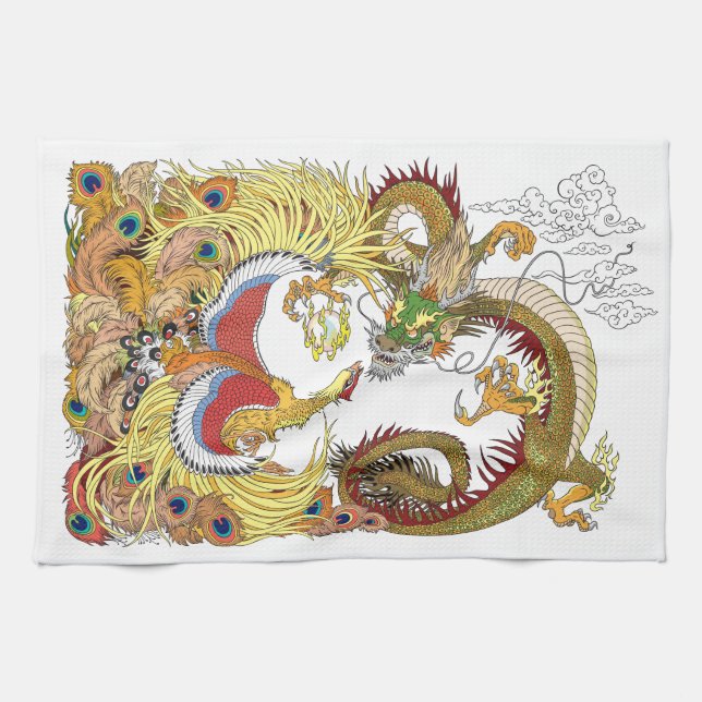 Chinesischer Drache und Phönix-Küchentuch Geschirrtuch (Horizontal)