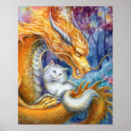 Chinesischer Drache & weiße Katze im Wasserfarbenw Poster
