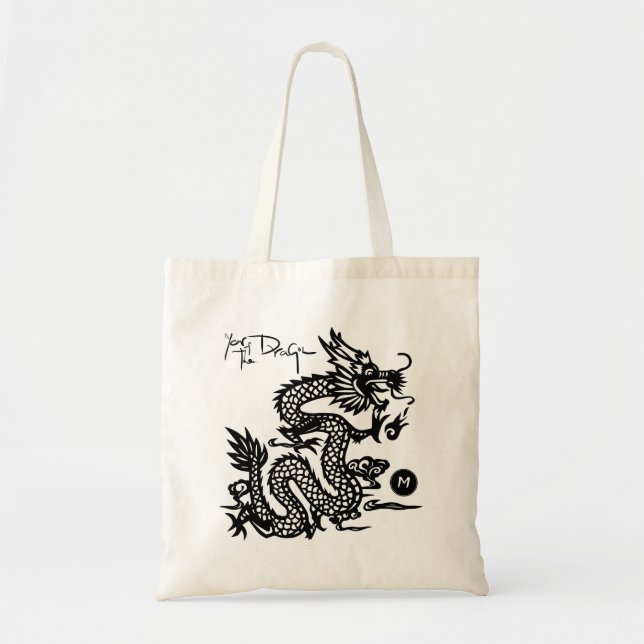 Chinesischer Dragon Year Black Paper Cut Monogram  Tragetasche (Vorne)