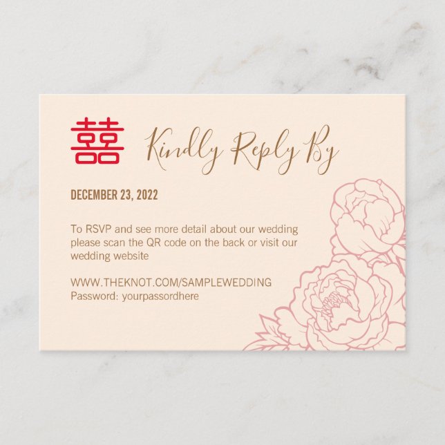 Chinesischer Eleganpeony Wedding RSVP mit QR-Code (Vorderseite)