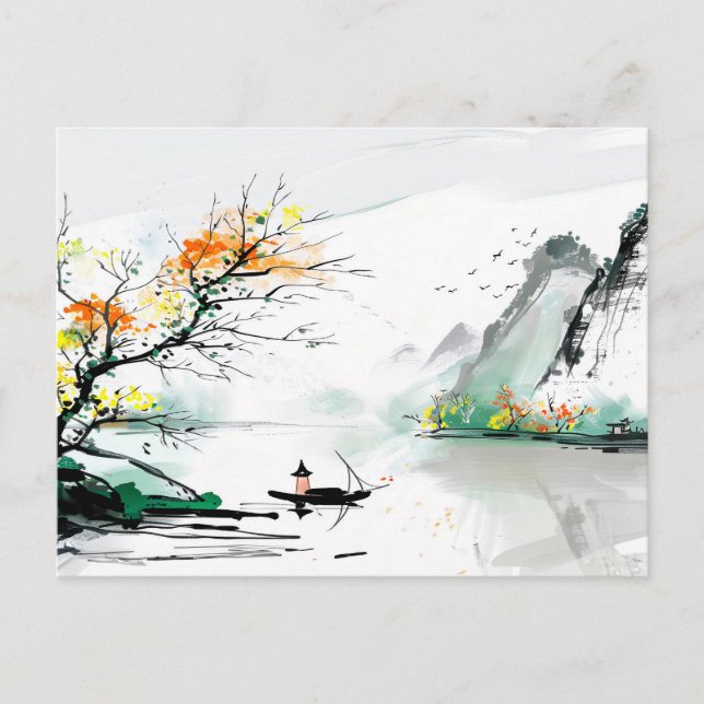 Chinesischer Fischer auf einem Bergsee Postkarte (Vorderseite)