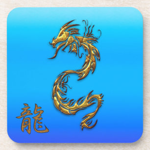 Chinesischer Goldener Drache über die blauen Trink Getränkeuntersetzer