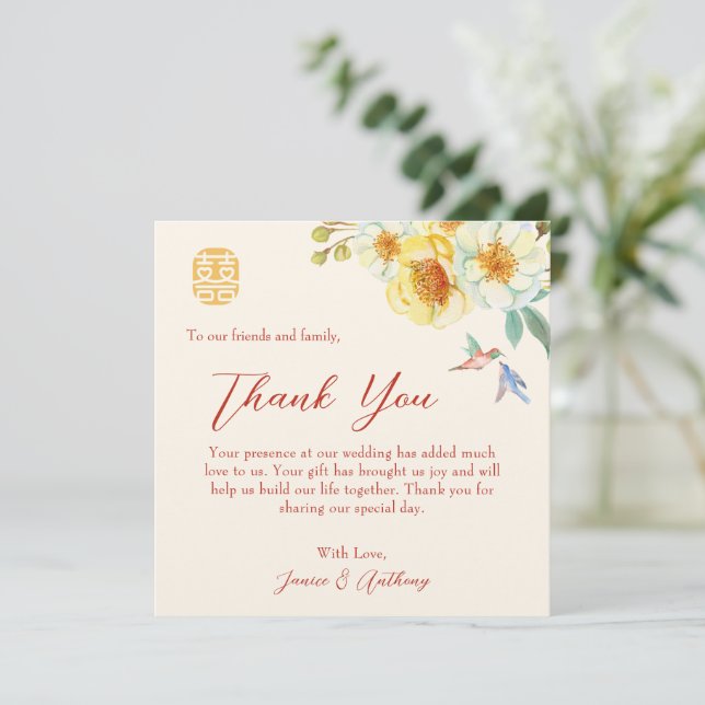 Chinesischer Hochzeitgelber Blumenvogel Dankeskarte (Stehend Vorderseite)