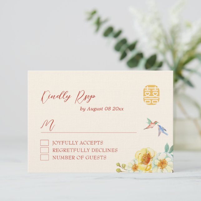 Chinesischer Hochzeitgelber Blumenvogel RSVP Karte (Stehend Vorderseite)