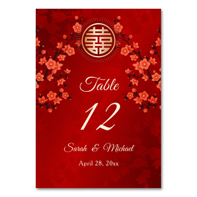 Chinesischer Hochzeitroter Kirschblossom Tischnummer (Vorderseite)