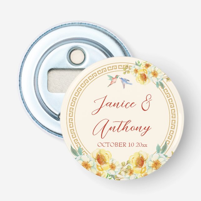 Chinesischer Hochzeitsrahmen Gelbblütenvogel Flaschenöffner (Vorderseite)