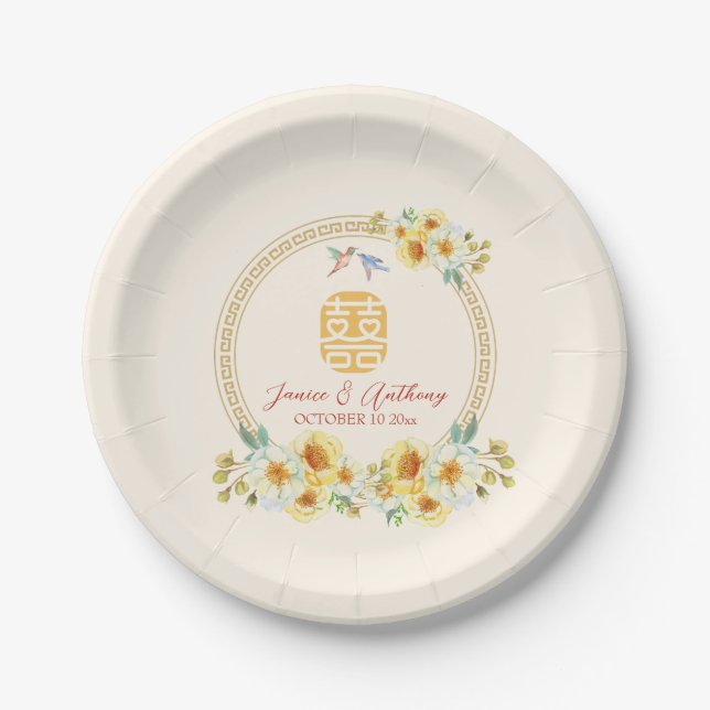 Chinesischer Hochzeitsrahmen Gelbblütenvogel Pappteller (Vorderseite)