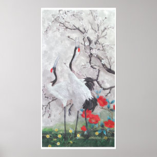 Chinesischer Kran mit Peach Blossom Wasserfarbe Poster