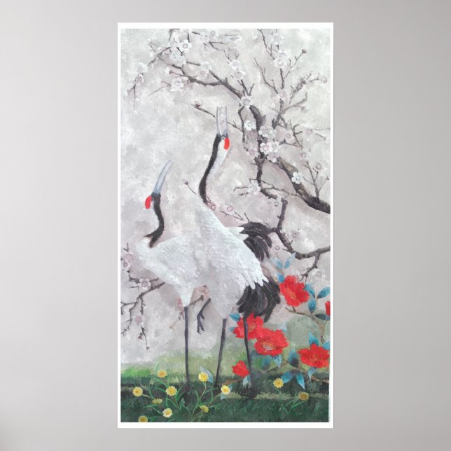 Chinesischer Kran mit Peach Blossom Wasserfarbe Poster (Vorne)