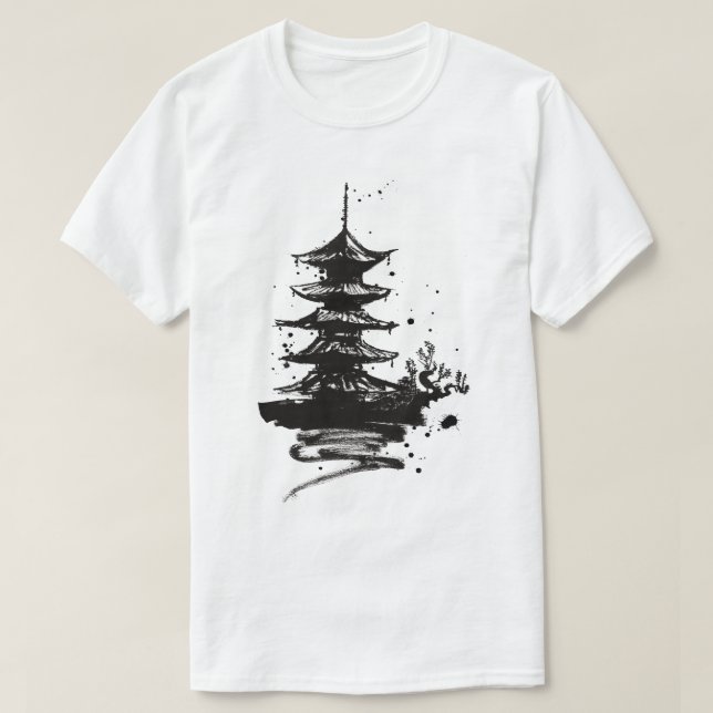 Chinesischer Monk Tower T - Shirt - Spiritueller a (Design vorne)