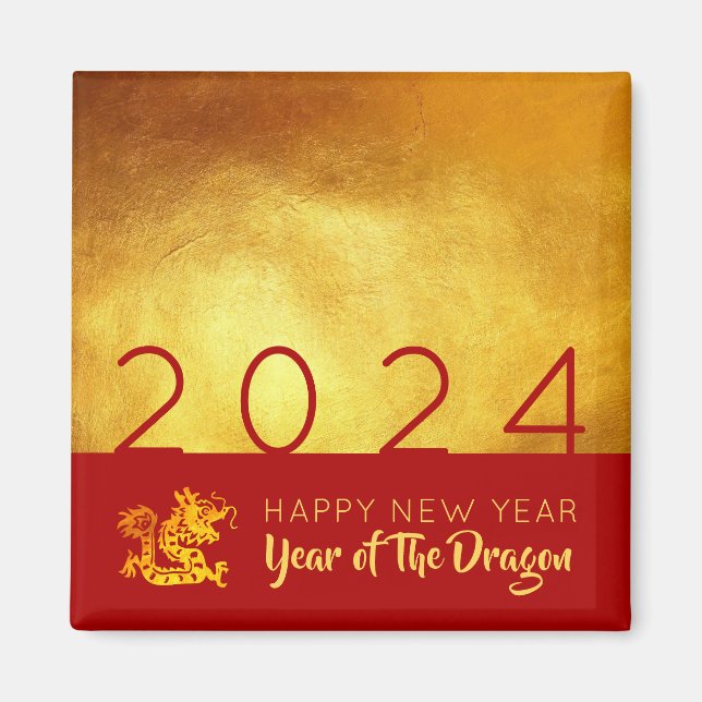 Chinesischer Neujahrdrache 2024 Red Gold SqM Magnet (Vorne)