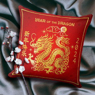 Chinesischer Neujahrsdrache 2024 Goldfoil Red Kissen