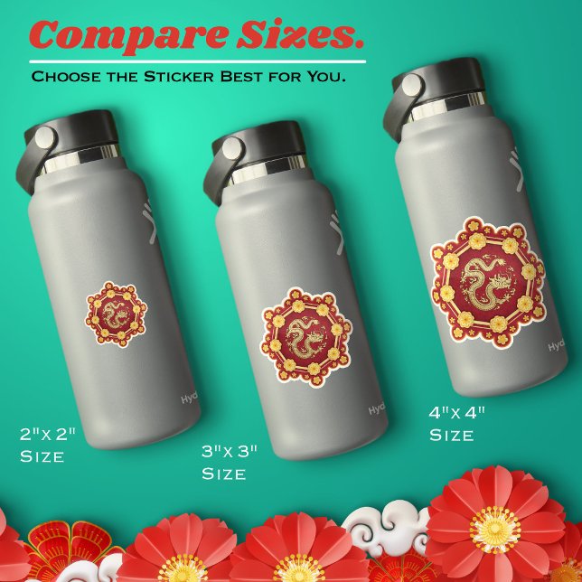 Chinesischer Neujahrsdrache Acht glückliche Golden Aufkleber (Chinese New Year Sticker–Eight Lucky Golden Flowers and Dragon–Available in six different sizes.)