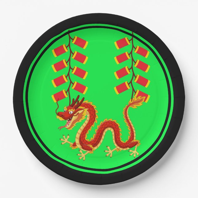 Chinesischer Neujahrsdrache und chinesische Feuerw Pappteller (Vorderseite)