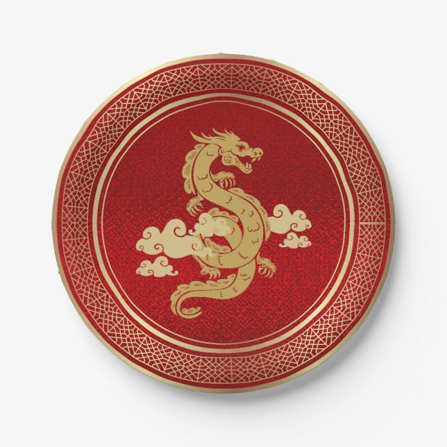 Chinesischer Neujahrsgolddrache und Roter Faden Pappteller (Vorderseite)