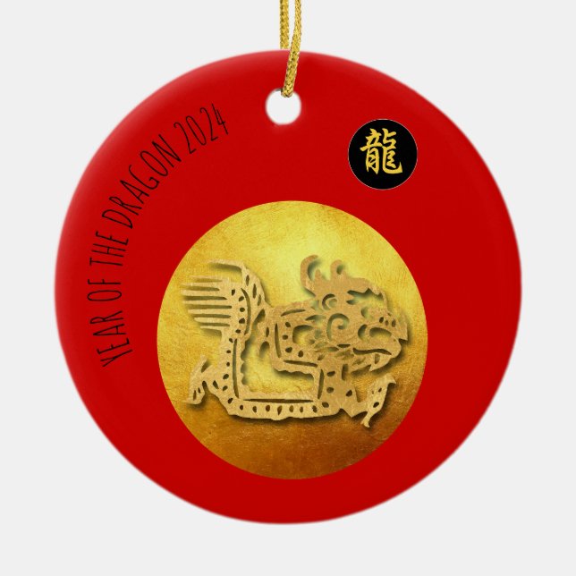 Chinesischer Neujahrsroter Goldener Drache 2024 CR Keramik Ornament (Vorne)