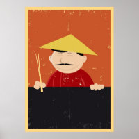 Chinesischer oder vietnamesischer Koch mit Plakat 