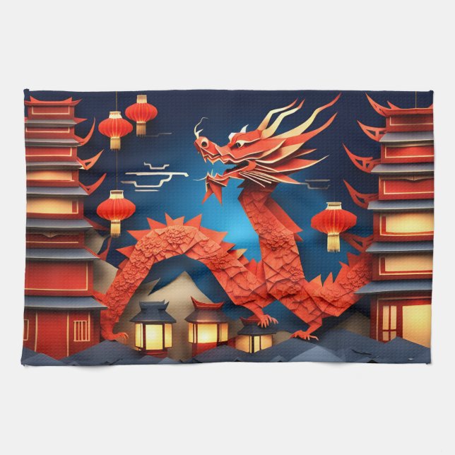 Chinesischer Origami Red Dragon Year KT Geschirrtuch (Horizontal)