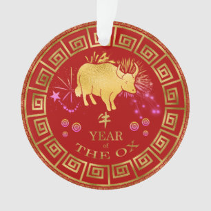 Chinesischer Ox-Rot/Gold-ID542 Ornament