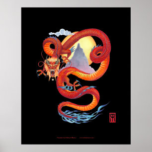 Chinesischer Red Dragon-Druck auf schwarz Poster